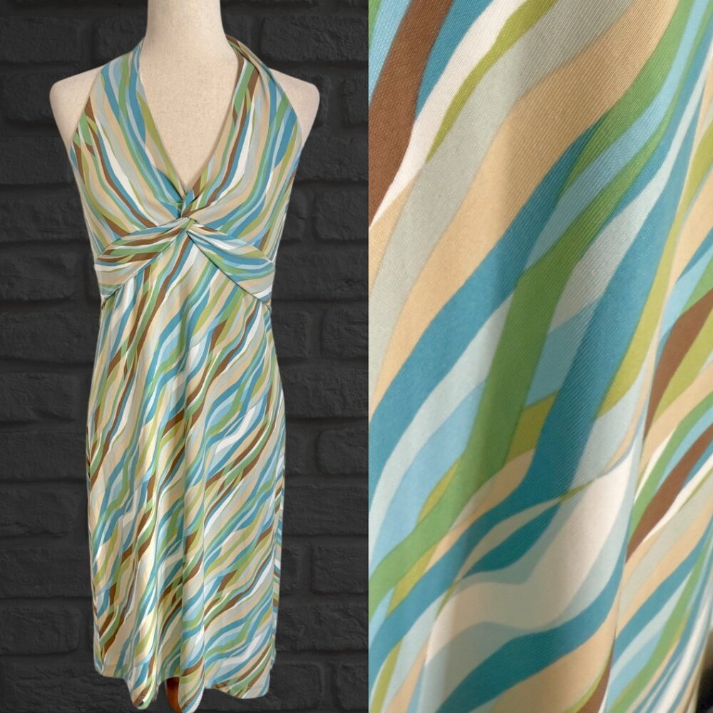 Vintage 2000's Y2k BCBG Halter Dress Colorful Print Blue Green Low Back Sz Large